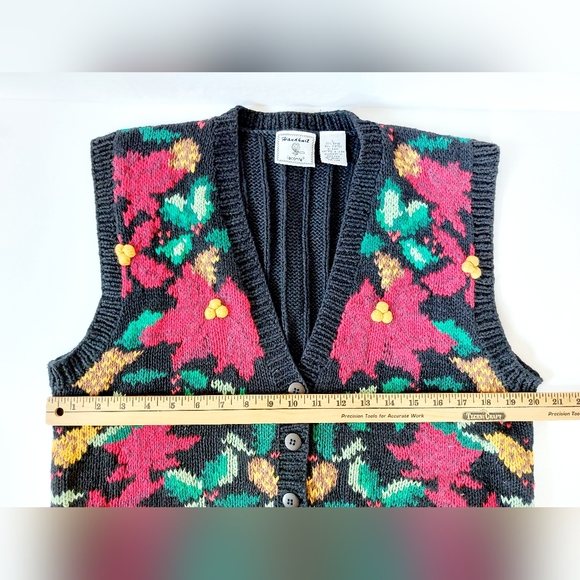 Poinsettia Christmas Sweater Vest Large‎ Lecomte Handknit Holiday Vintage - Picture 4 of 5